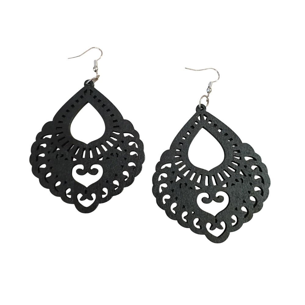 Black Laser Cut Wood Filigree Teardrop Earrings Boho Ornate Drop Dangle Jewelry